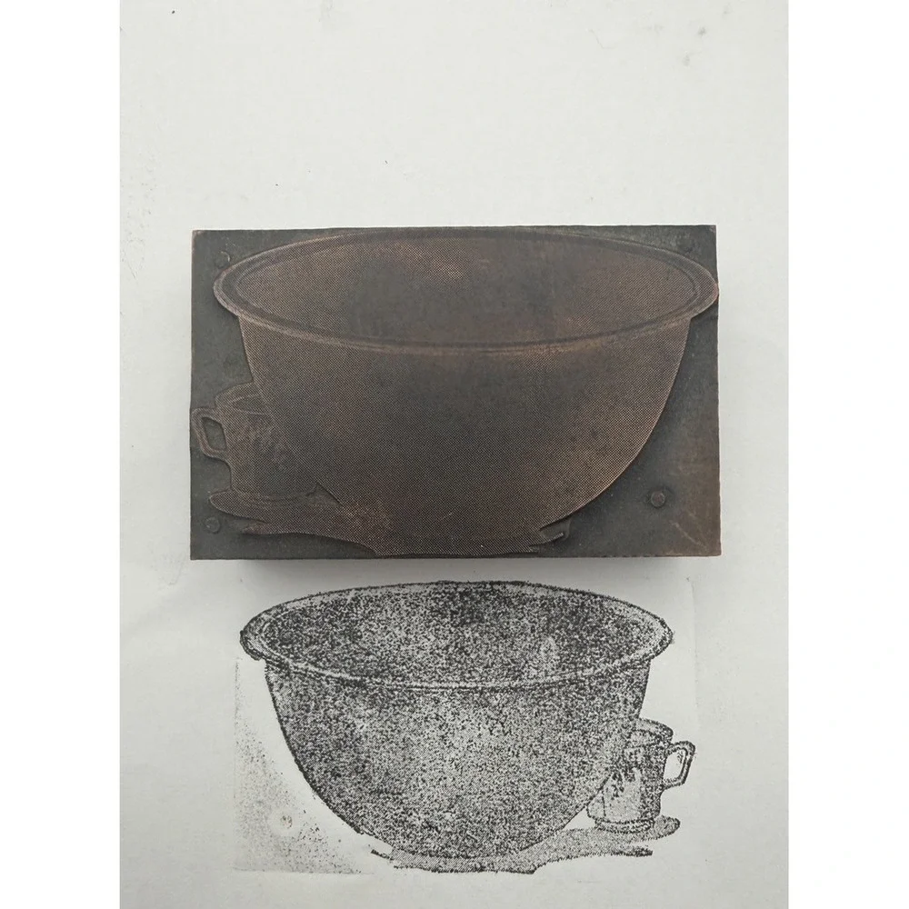 Vintage Wood Letterpress Printing Block Large Bowl Copper Plate Print Stamp